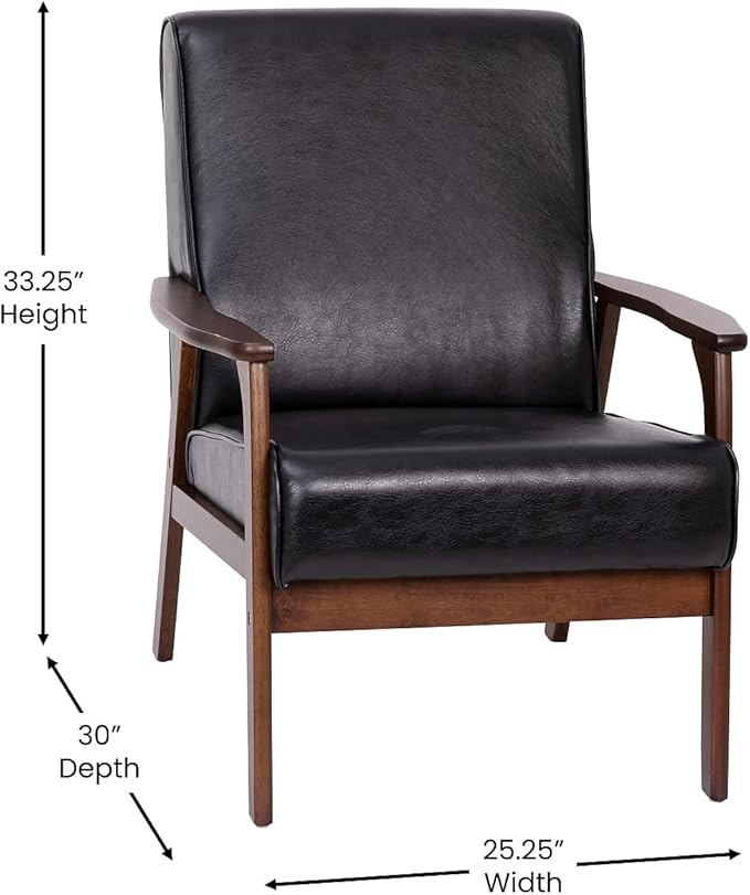 Flash Furniture Langston Commercial Mid Century Modern Chair - Black LeatherSoft Upholstery - Walnut Finish Wooden Frame and Arms - Extra Supportive Sinuous Springs