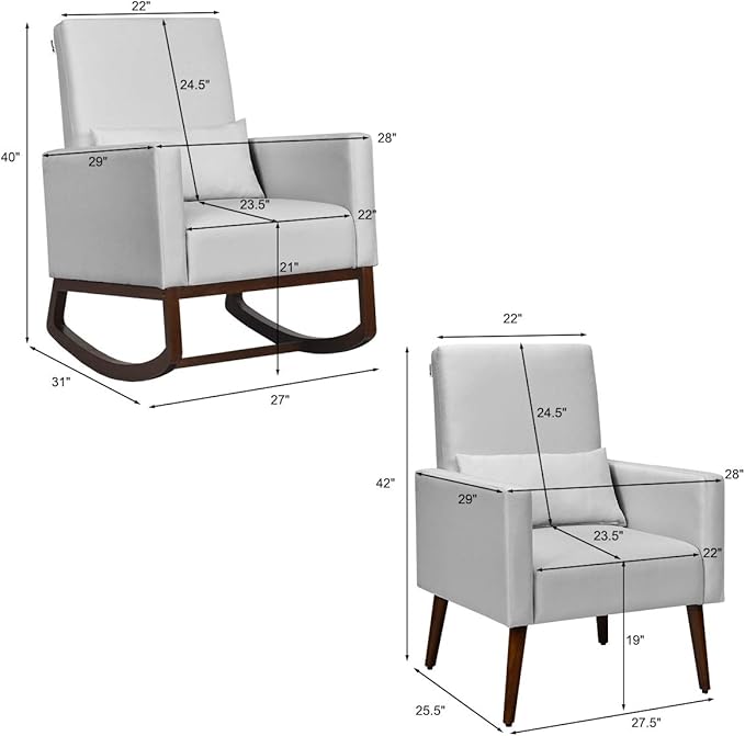 Giantex Rocking Chair Fabric High Back Armchair with Waist PillowWooden Tapered &amp Rocking Dual Legs Multifunctional Upholstered Accent Chair for Nursery Living Room Bedroom Rocker(1 Sliver)