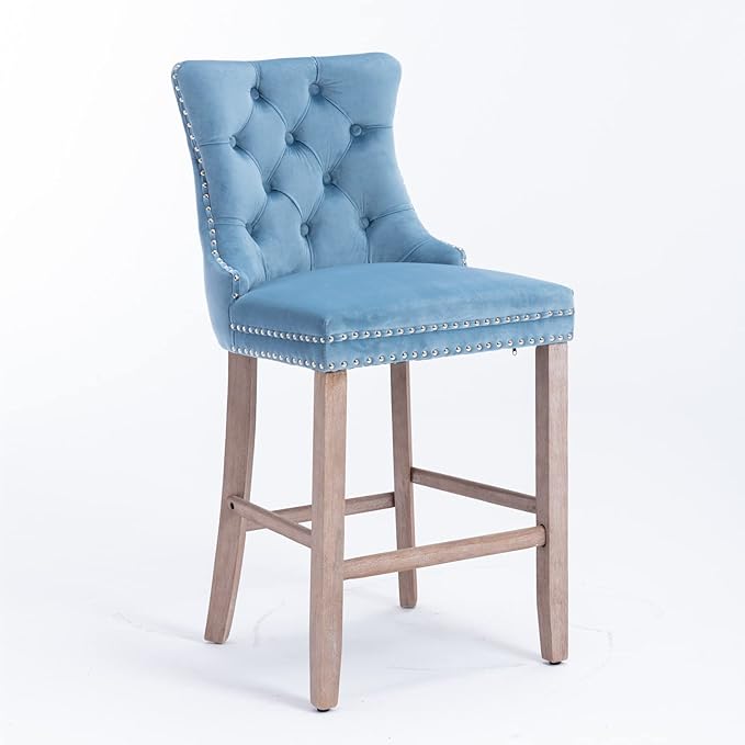 Modern Upholstered BarstoolsVelvet Bar ChairsSet of 2Wooden LegsLeisure Style Bar ChairsHigh Backrest ChairKitchen Island Chairs for CafesLiving RoomKitchenBarLight Blue