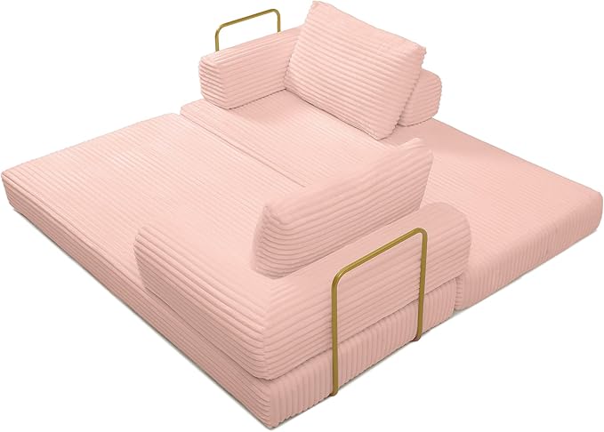 79.5 Convertible Sofa Bed Corduroy Floor Couch with Gold Metal Frame Support Fold Out Memory Foam Sleeper Mattress with 2 Pillows Modern Loveseat Futon for Living Room Guest Room Pink