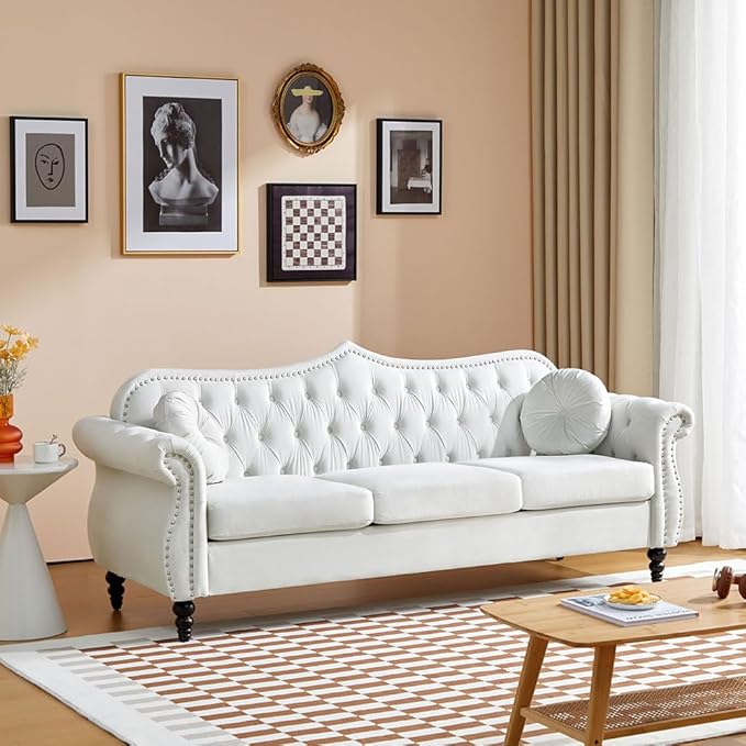 3 Seater Chesterfield Sofa Velvet Modern Tufted Velvet Couch with Scroll Arms and Nailhead Classic Chesterfield Settee Couches (White)