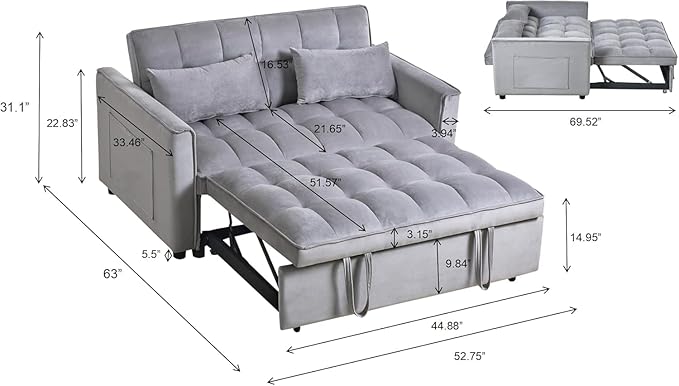 Convertible Sofa Bed Love Seat Sleeper Bed with Side Pockets 3 in 1 Velvet Fabric Pull Out Couch with Adjustable Backrest for Living Room Bedroom Apartment Light Gray
