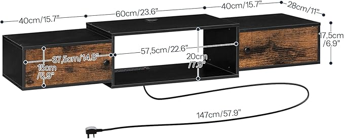 HOOBRO 55 Floating TV Stand with Power Outlet Modern Wall Mounted Media Console Shelf Cabinet for Under TV Storage Entertainment Center Living Room Bedroom Rustic Brown and Black BF11DS01