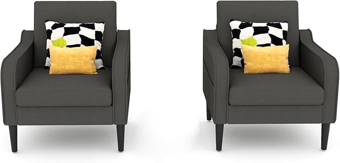 Grey Accent Chair Set of 2 - Upholstered Armchair with Side Pockets Comfy Living Room Arm Chair Reading Accent Chairs for Bedroom Living Room Apartment Office