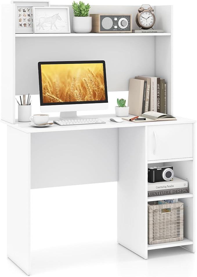 Giantex White Desk with Hutch Small Computer Desk with Bookshelf &amp Adjustable Shelf 2 Cable Holes Modern Laptop PC Computer Workstation Study Writing Desk for Small Spaces Bedroom Home Offic