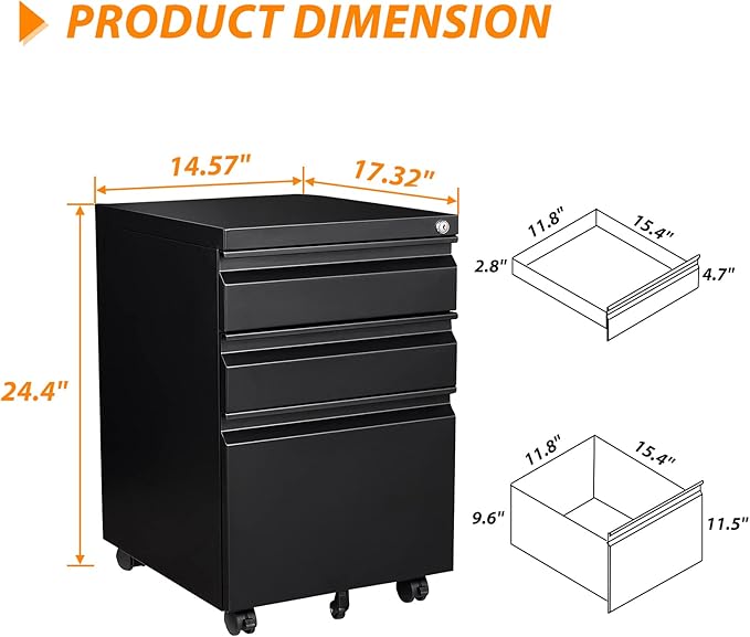 3 Drawer File Cabinet with Wheels Metal Filing Cabinet with Lock Office Rolling File Cabinets for A4/Legal/Letter Size Assembly Required Black