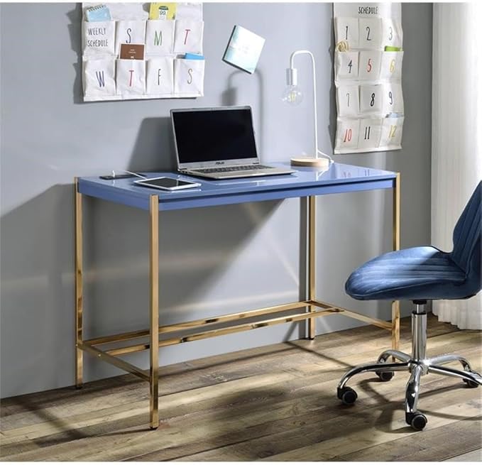 Acme Midriaks Wooden Top Writing Desk with USB Port in Navy Blue and Gold