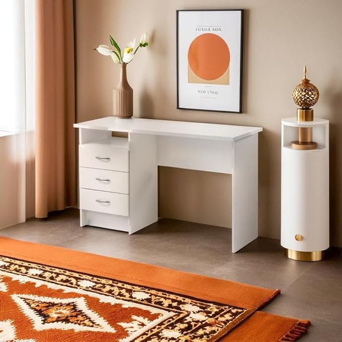 Stylish White Desk with Three Drawers and Open Shelf for Home Office