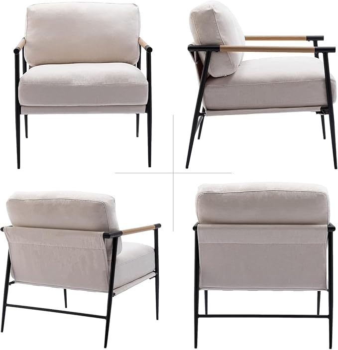 Accent Chair Living Room Chair Set of 2 Mid Century Modern Armchair Comfy Reading Chair for Bedroom Upholstered Chenille Fabric Lounge Chair W/Plush Cushions Metal Frame and Wooden Armrest White