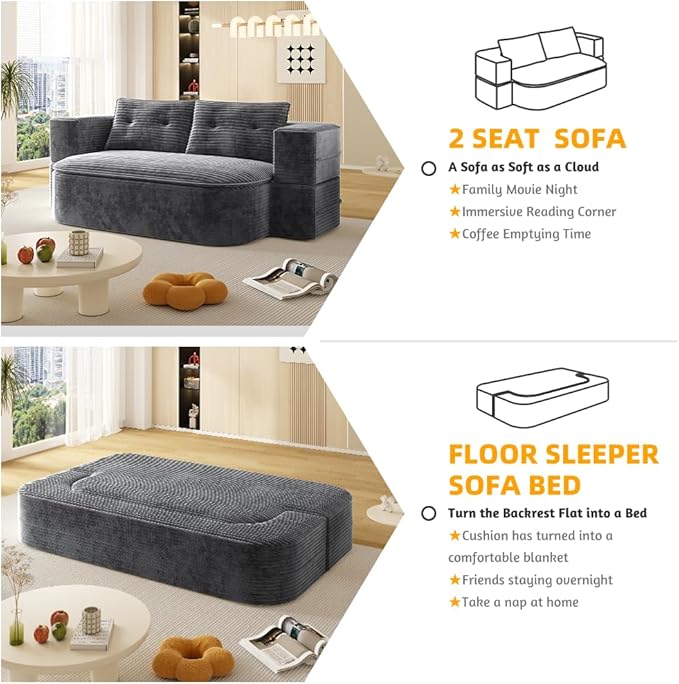 80 Convertible Folding Sofa Bed with Multi Functional BlanketKing Size Folding Mattress Sleeper Cloud Floor CouchCorduroy Boneless Sectional Couches for Living Room Bedroom (Dark Grey)