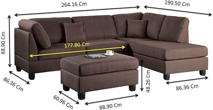 Poundex Bobkona Dervon Linen-Like Left or Right Hand Chaise Sectional with Ottoman Set Chocolate