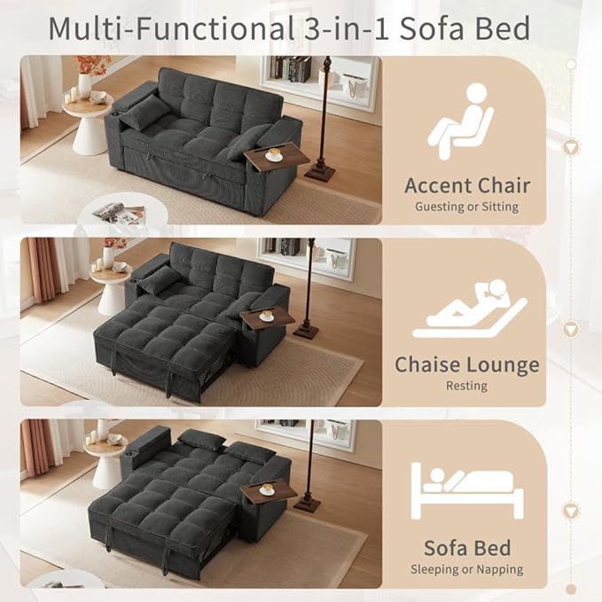 65'' Convertible Sleeper Sofa Bed with Adjustable Backrest Chaise Lounge Side Table &amp USB/Type-C Ports – Stylish &amp Functional Addition to Any Living Room (Black Sofa-1)