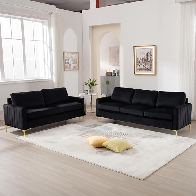 2 Piece Sofa and Loveseat Set Comfy Tufted Velvet Couch and Loveseat Sets Furniture with Gold Leg Mid Century Modern Couch Soft Upholstered Sofa Set of 2 for Living Room Bedroom Office (Black)