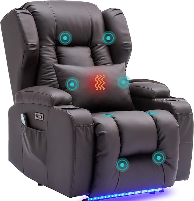 SAMERY Power Recliner Chair Electric Wall Hugger Recliners with Massage &amp Heat Comfy Reclining Sleeper Chair Movie Sofa Home Theater Seat with Cup Holders/USB Port/LED Light/Lumbar Pillow/Remote