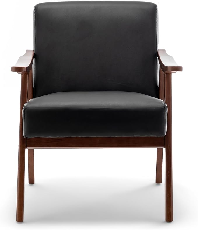 Mid Century Accent Chair Boho Farmhouse Accent Chairs for Living Room Retro Single Lounge Reading Armchair with Solid Wood Frame (Faux Leather in Black)