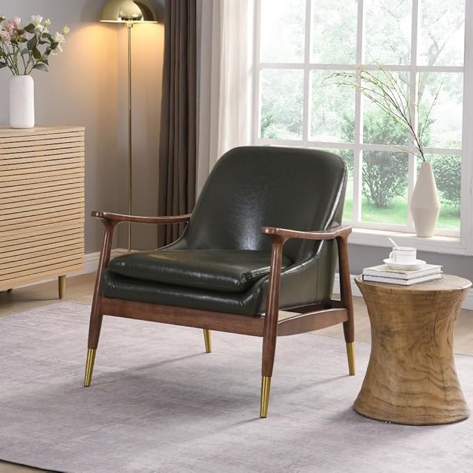 29.2'' Mid-Century Chair - Faux Leather Cushioned Seat Brass-Tipped Solid Wood Legs Perfect for Living Room Bedroom or Office (Green)