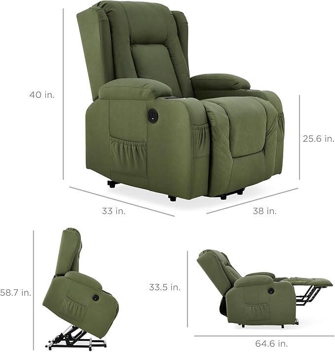 Best Choice Products PU Leather Electric Power Lift Chair Recliner Massage Chair Adjustable Furniture for Back Legs w/ 3 Positions USB Port Heat Cupholders Easy-to-Reach Side Button - Olive