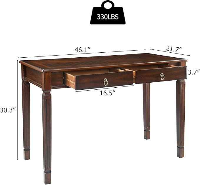 Vintage Wooden Writing Desk with 2 Drawers Solid Computer Desk Workstation 46in Wide Study Table for Home Office Small Secretary Table in Cherry Walnut BSZ-D1258