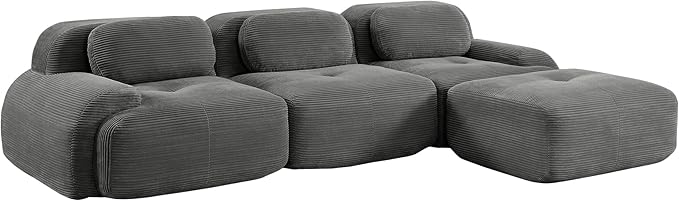 117.3 L-Shaped Cloud Couch Modular Sectional Sofa - Boneless Deep Seat 3-Seater with Movable Ottoman No Assembly Corduroy Upholstery Couches for Living Room (Grey)
