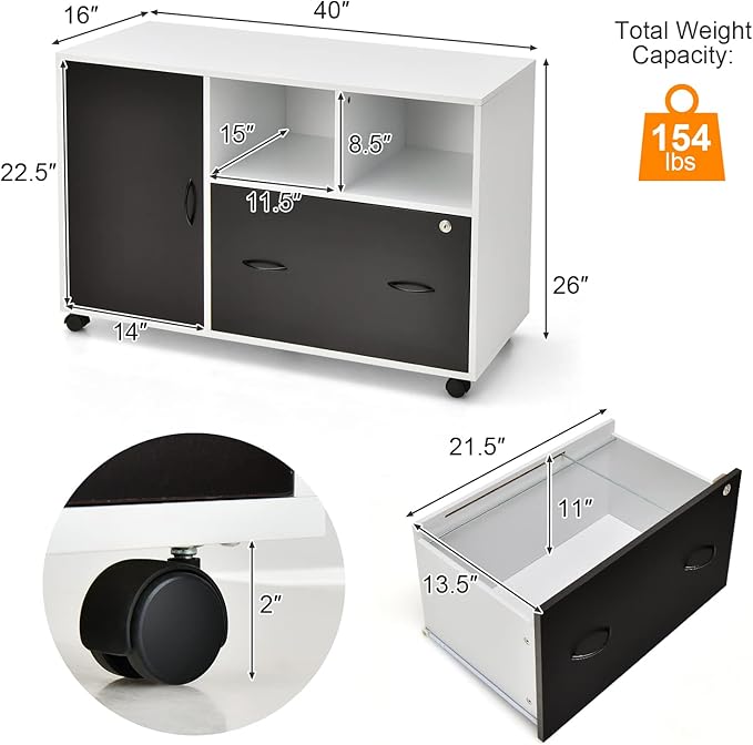 Lateral File Cabinet with Lock Filing Cabinet for Legal/Letter/A4 Size Files 40” Printer Stand with Open Storage Shelves for Home Office Mobile File Cabinets on Wheels