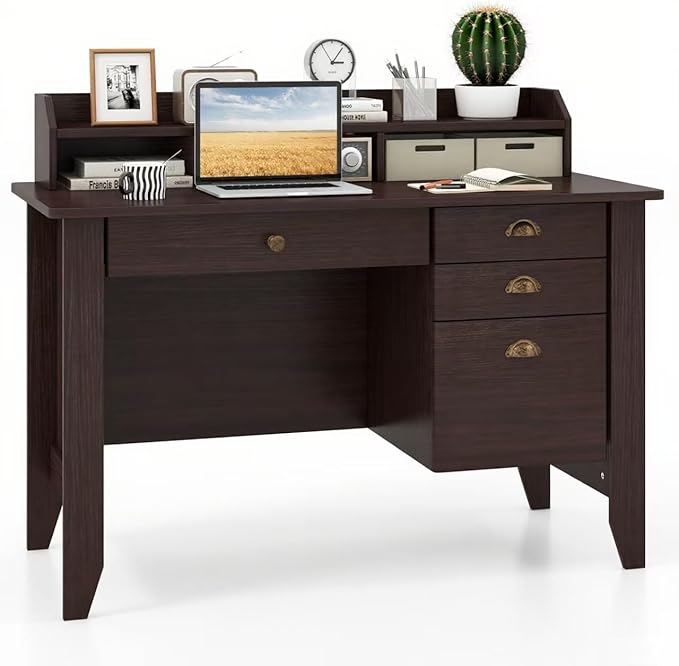 GLACER 48 Computer Desk with 4 Storage Drawers &amp Hutch Home Office Desk with Cable Hole for PC Laptop Wooden Writing Workstation Gaming Desk for Office Study Bedroom Small Spaces (Brown)