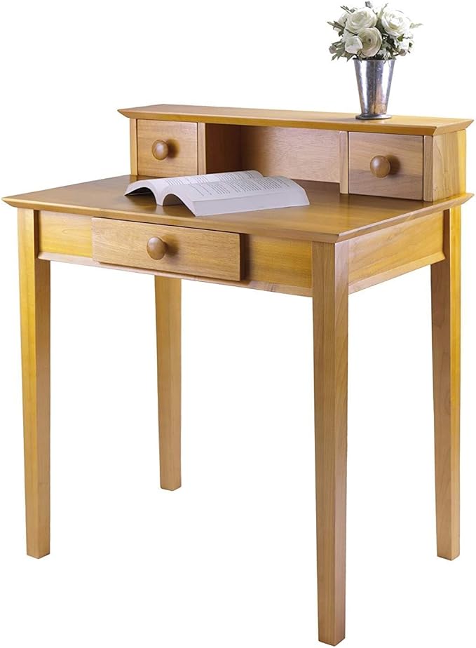 Maykoosh Writing Desk with Hutch - Honey Pine Finish 3 Drawers Home Office Desk Light Wood Workspace