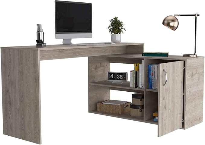 Penau L-Shaped Computer Desk with Open &amp Closed Storage Light Gray Finish Spacious 59 Inch Surface Perfect for Home Office Sturdy Particle Board Construction