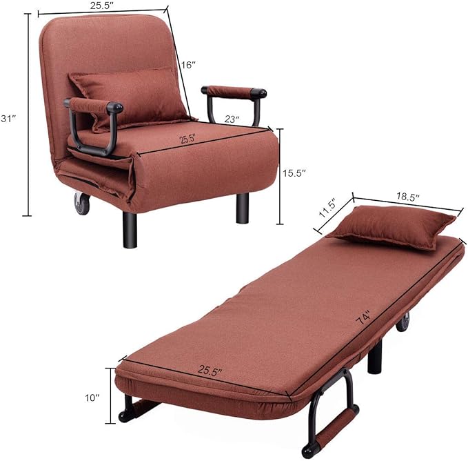 Giantex 26.5 Convertible Sofa Bed Folding Arm Chair Sleeper Leisure Recliner Lounge Couch (Coffee)