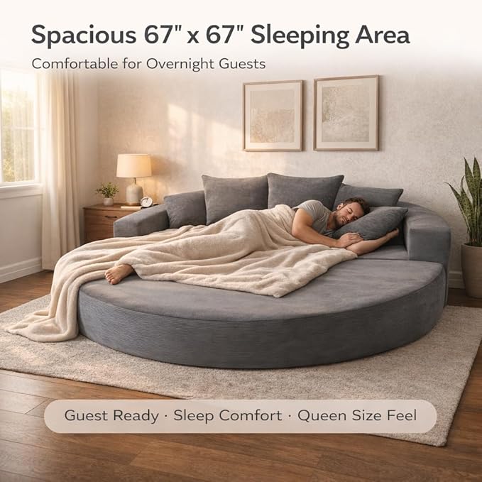 Convertible Round Sofa Bed 67 Corduroy Upholstered Loveseat Sleeper Couch Pull-Out Floor Bed with 3 Pillows No Assembly 550 lbs Weight Capacity (Gray)