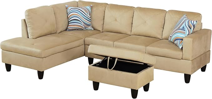 L Shaped Couch Sectional Couches for Living Room Upholstered Microfiber 3 Pieces Modular Sectional Sofa with Chaise Ottoman with Storage for Living Room and Small Apartment Beige