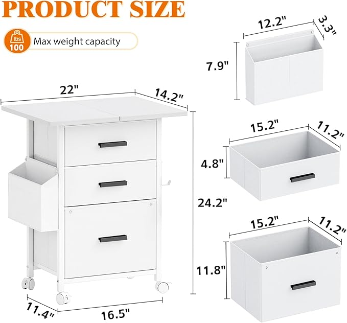 Mexin 3 Drawer File Cabinet with 24'' Extended Desktop Mobile Filing Cabinet Printer Stand Rolling Printer Stand with Side Bag Fabric Drawer Fits A4 Size Home Office White