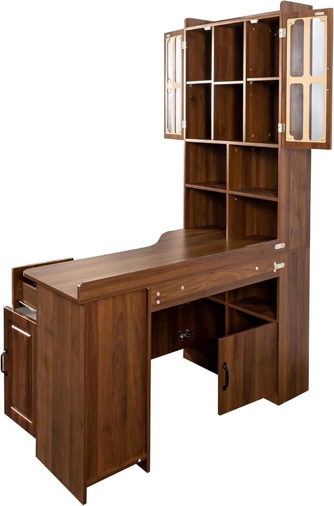 L-Shaped Corner Computer Desk with Bookshelf and Hutch Home Office Desk with Drawer Storage Cabinets Open Shelves and Drawer Work Desk for Bedroom Living Room Anti-Tip Device (Walnut)