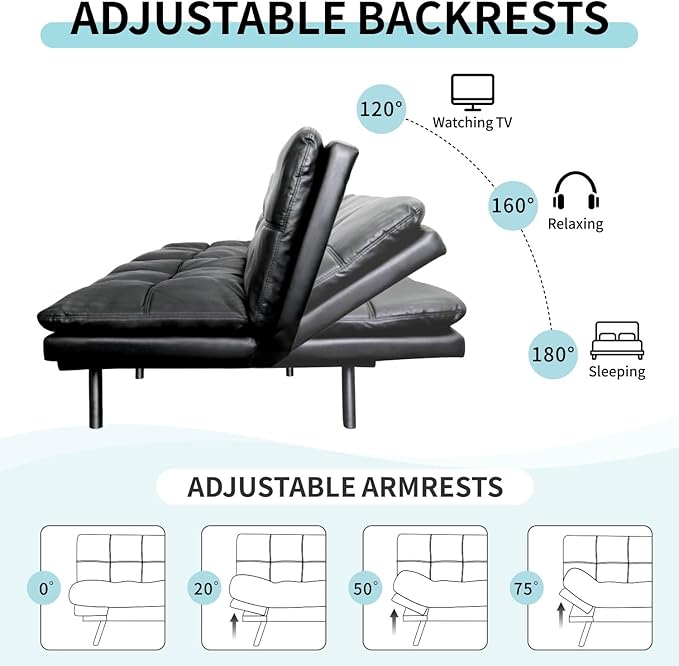 MUUEGM Futon Sofa Bed CouchConvertible Futon Sofa CouchLoveseat Sleeper Sofa BedModern Sofa Bed for Living RoomOfficeApartment71″Fabric Futon Couch with Adjustable BackrestJet Black