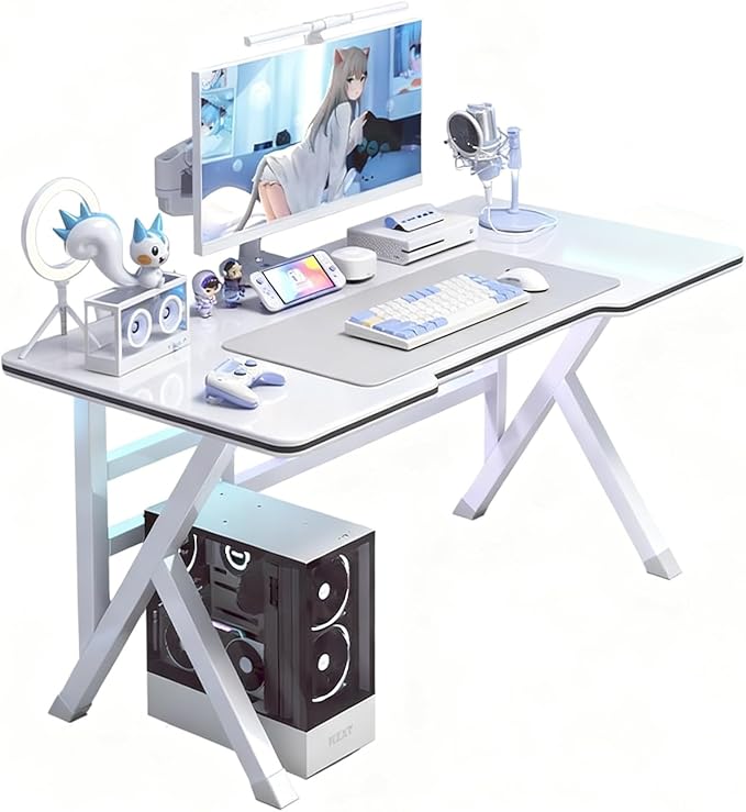 Large Gaming Desk K-Shaped PC Gaming Table for Home Office Ergonomic Computer Desk Space-Saving Easy Assembly (White 48 Inch)
