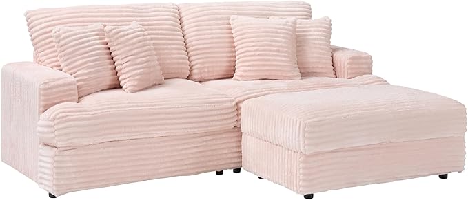 82 Inches Corduroy Square Arms Loveseat Sofa with One Storage Ottoman Comfy Deep Seat Modular Sectional Futon Couch with 4 Throw Pillows for Living Room Bedroom Office (Pink)