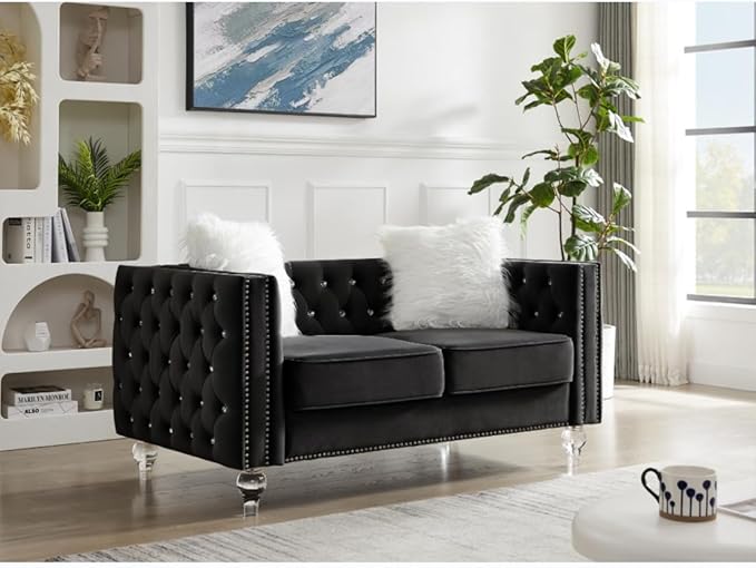 i-POOK 60 2-Seater Chesterfield Sofa Tufted Velvet Loveseat Sofa Couch with 2 Plush Pillows Crystal Legs and Nailhead Trim Arms Diamond Comfy Sofa for Living Room Office Guests Room Black