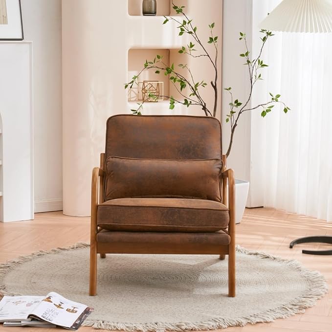 Mid-Century Accent Chair with Lumbar PillowUpholstered Lounge Chair with Padded Back and Seat CushionReading Chair with Oak ArmrestSingle Sofa Chair with Wood Frame for BedroomLiving RoomOffice