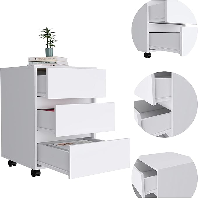 25.9 H White Mobile Filing Cabinet with 3 Drawers 4 Wheels Rectangular Portable Filing Cabinet Modern for Office Study Room
