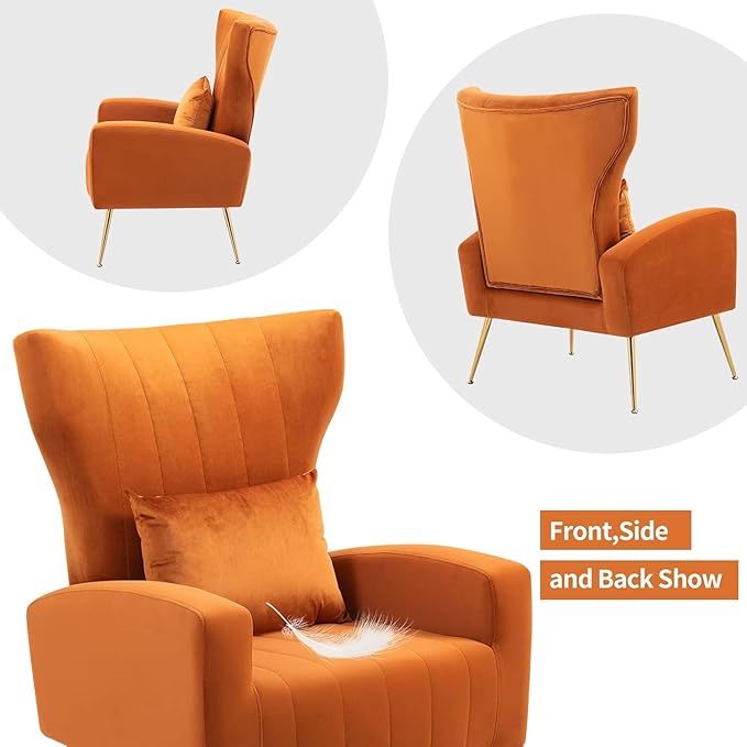Modern Accent Chairs Set of 2 Wingback Chair with Arm &amp Gold Legs Living Room Bedroom Side Chair with Lumbar Pillow Velvet Upholstered Channel Tufted Orange