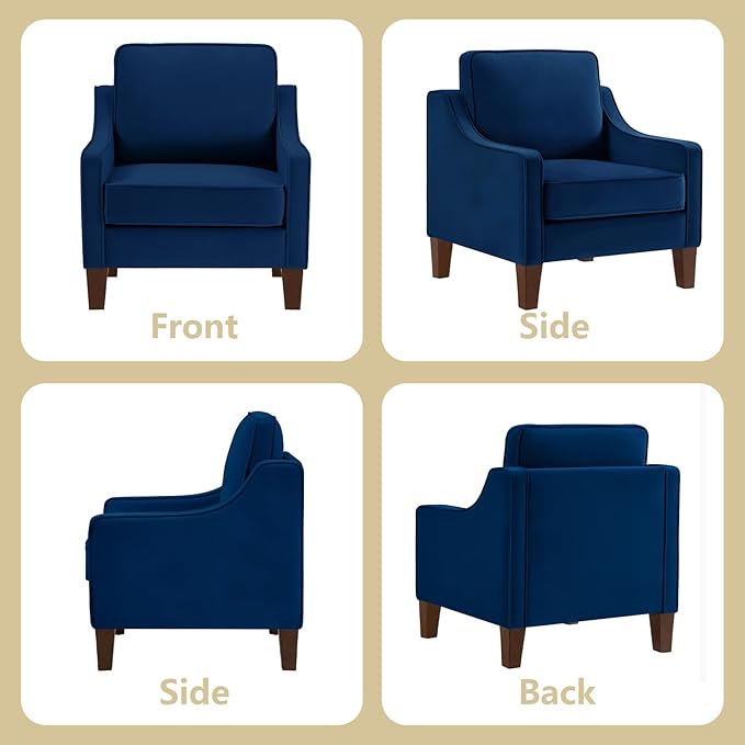 Modern Accent Chair Velvet Upholstered Single Sofa Chair with Wooden Legs Comfy Arm Chair for Living Room Bedroom Navy