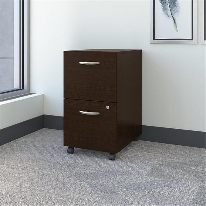 Scranton &amp Co Mobile 2-Drawer Pedestal File Cabinet Laminate Over Engineered Wood Mocha Cherry Finish Full-Extension Ball Bearing Slides Locking Drawers Compact Office Storage on Casters