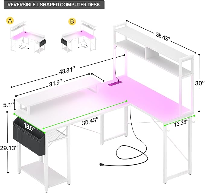 Aheaplus Small L Shaped Desk with Charging Port &amp LED Strip Reversible L-Shaped Gaming Desk Computer Desk with Monitor Stand &amp Storage Shelf Corner Desks Home Office Desk with Storage Bag W