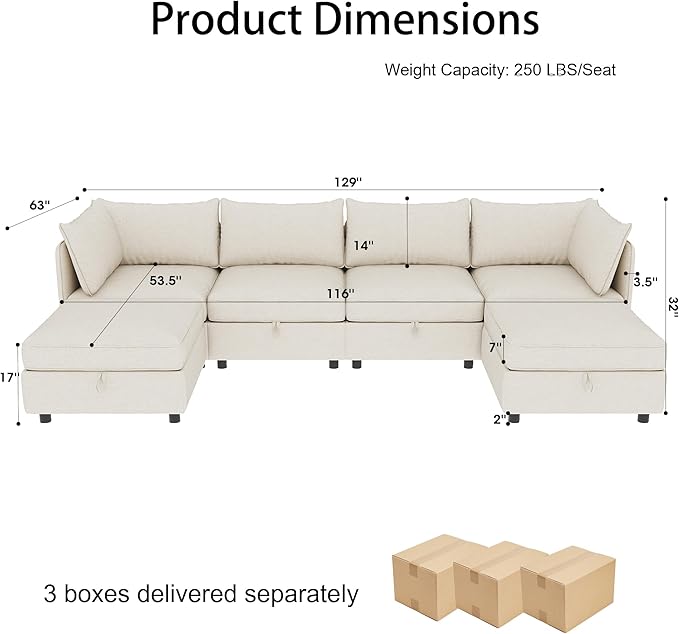 129” Modular Sectional Sofa Convertible 6 Person U Shaped Couch with Storage 2 Removable Ottomans &amp Deep Seats Memory Foam Comfy Modular Couch for Living Room (Beige 6 Seat)