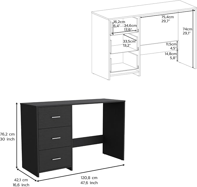 Penau Writing Desk with Three Drawers Classic Black Wengue Finish 47 Inches W x 16.5 Inches D Perfect for Home Office