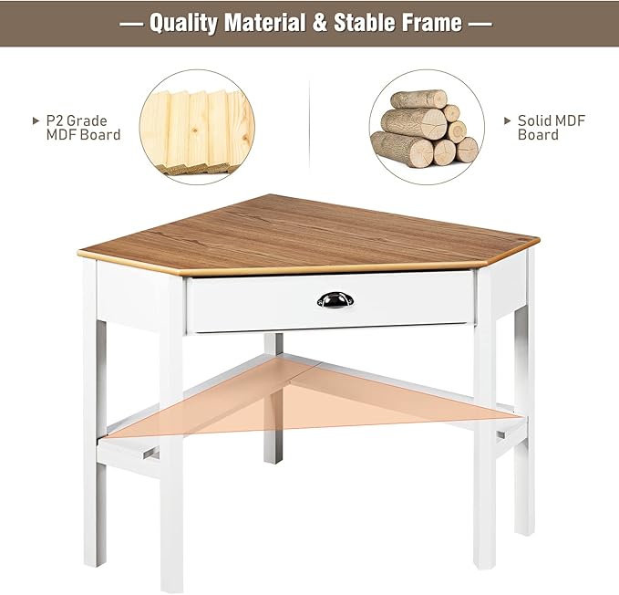GOFLAME Computer Corner Desk Wood Compact Home Office Writing Worstation with Drawer and Shelves Laptop PC Corner Table for Small Space Home Office Natural &amp White