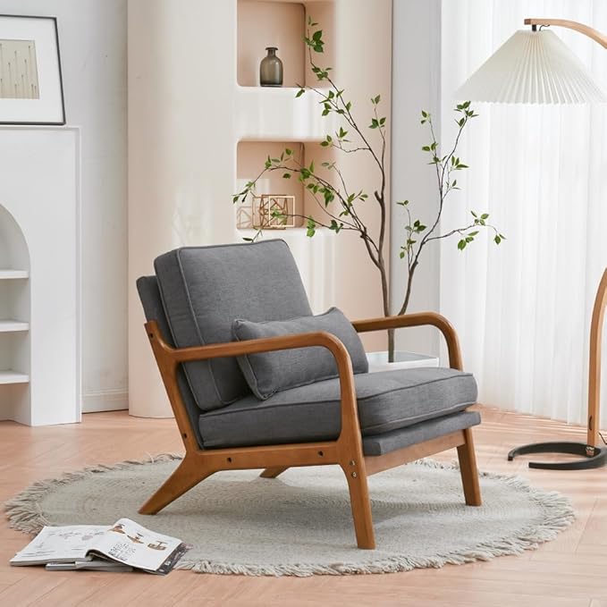 Accent Chair with Lumbar PillowUpholstered Armchair with Solid Wood FrameLinen Fabric Reading Chair with Oak ArmrestLounge Chair for Living Room Bedroom Apartment