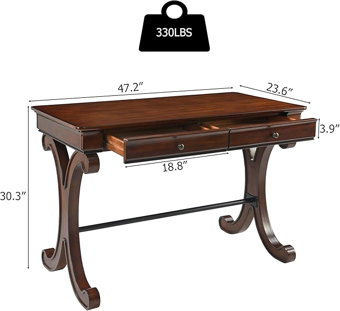 Traditional Wood Writing Desk with 2 Drawers 47.2 Large Work Desk with Ample Tabletop and Curved Legs Big Secretary Table in Cherry Walnut for Home Office SSZ-D0036