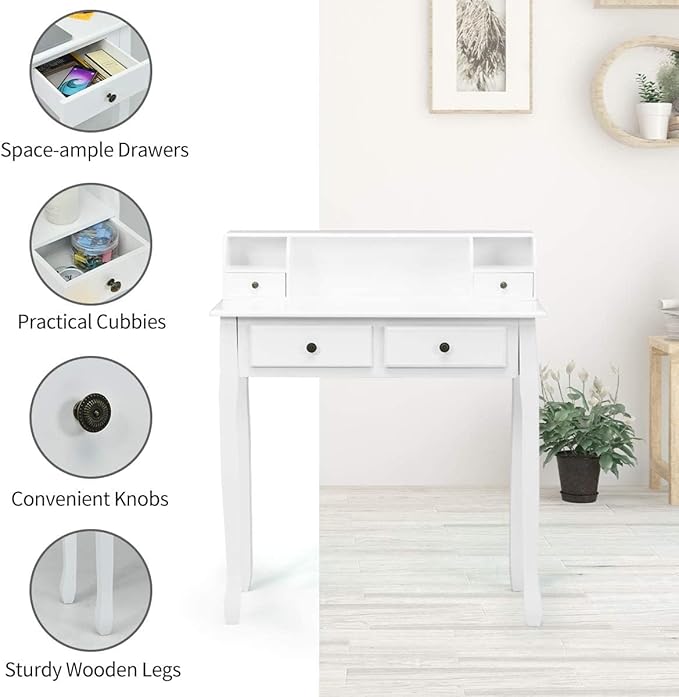 Giantex Writing Desk with 4 Drawers Removable Floating Organizer 2-Tier Mission Home Computer Vanity Desk for Apartment Small Space White