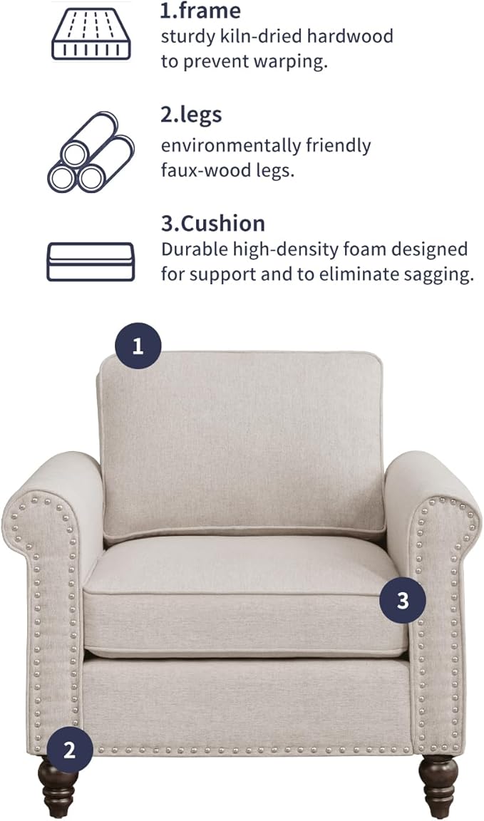 Single Sofa Beige Armchair for Living Room Mid Century Modern Couch with Solid Wood Frame and 4 Gourd Shapes Legs for Home/Bedroom/Apartment
