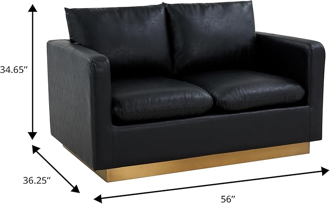 LeisureMod Nervo Modern Upholstered Leather Loveseat Sofa 2-Seater Living Room Couch with Gold Metal Base and Removable Cushions Small Space Furniture for Living Room Office Waiting Area Black
